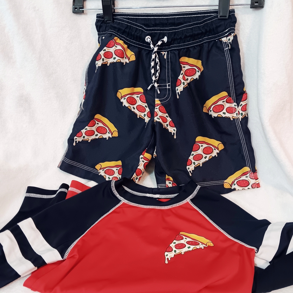 Size Small (5-6) Gymboree Pizza Swim Shorts and Rash Guard Set